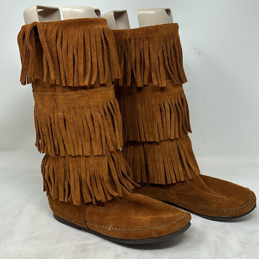 Minnetonka 3 Layer Fringe Boot Orange Suede Size 7 - image 3
